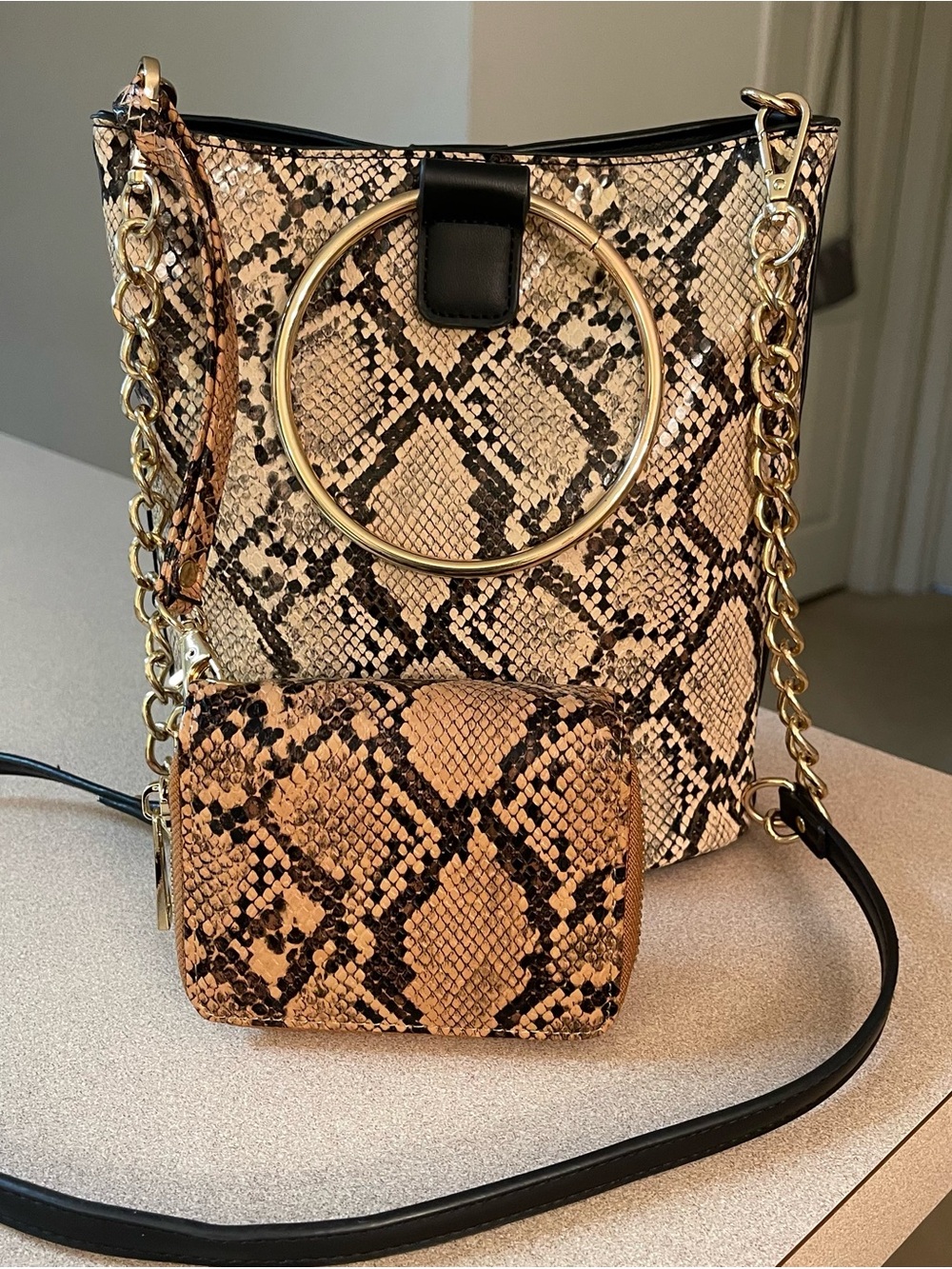 Bucket Bag with Metal O-Ring Handles & Matching Mini Pouch